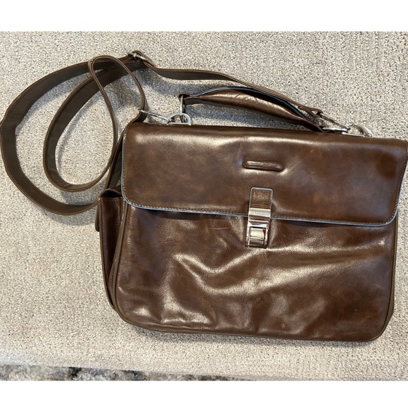 PIQUADRO Leather Briefcase Messenger Bag Laptop Brown Turquoise Accents - Picture 1 of 5